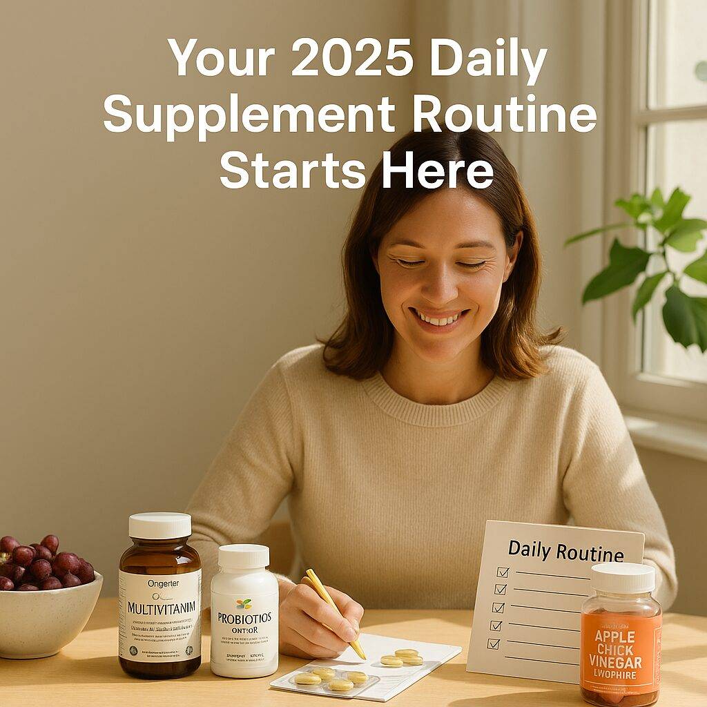 A smiling woman prepares her 2025 daily supplement routine at a wooden table, with multivitamins, probiotics, and apple cider vinegar gummies beside a checklist titled “Daily Routine” and the overlaid text “Your 2025 Daily Supplement Routine Starts Here”.