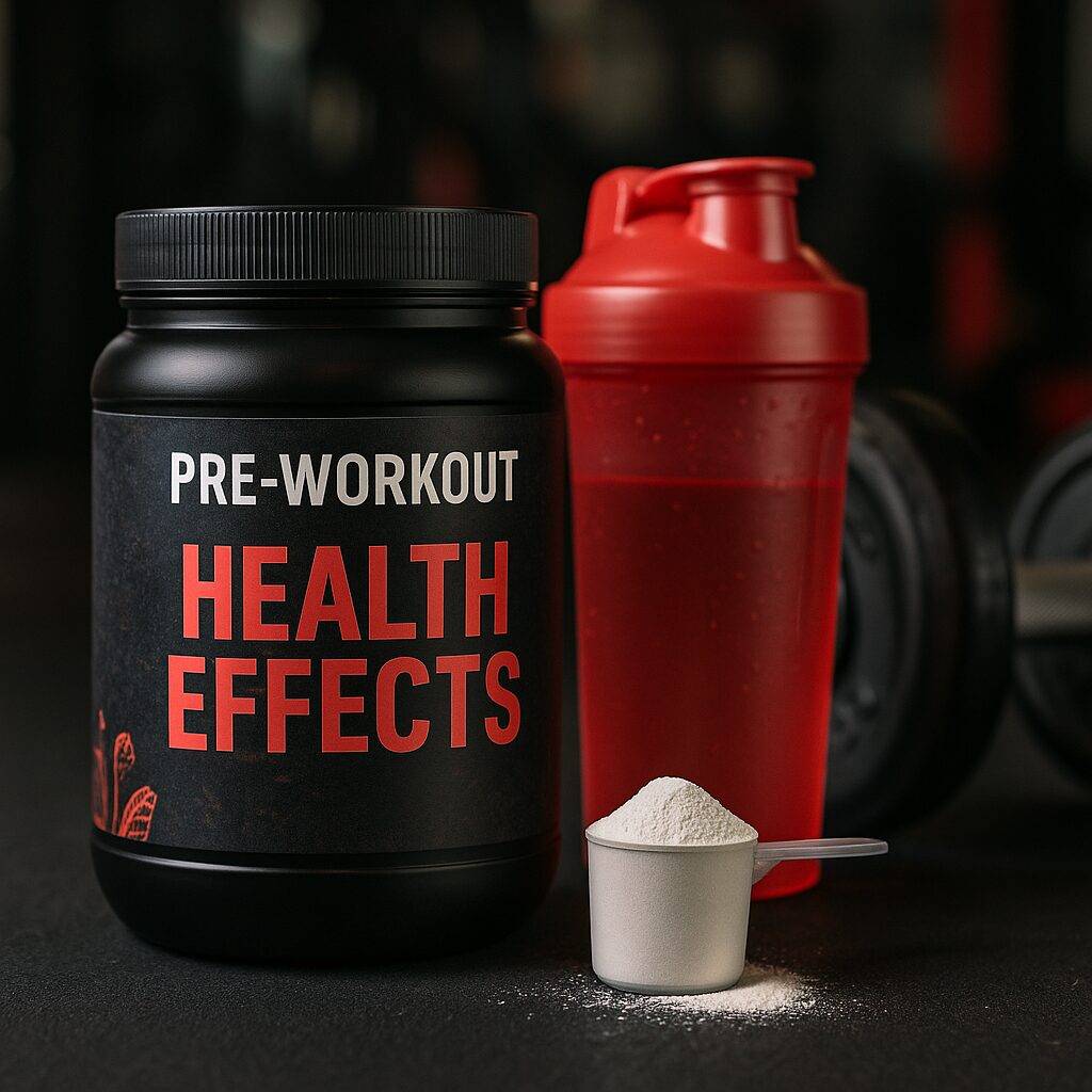 Pre-workout supplement with health effects label, red shaker bottle, scoop of powder, and dumbbells in the background