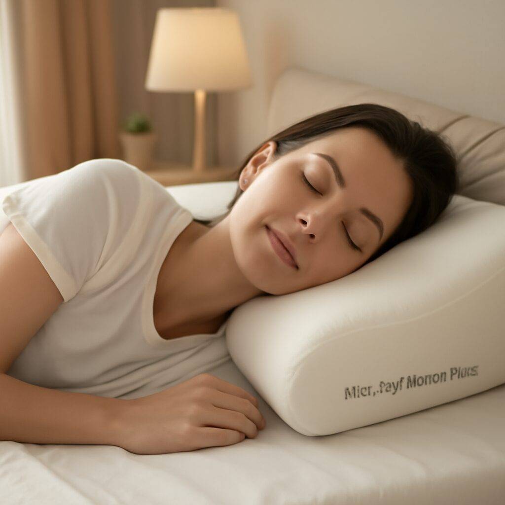 A young woman with fair skin, resting comfortably on a memory foam pillow in a serene bedroom environment. The pillow gently supports her neck and head, ensuring a restful sleep.