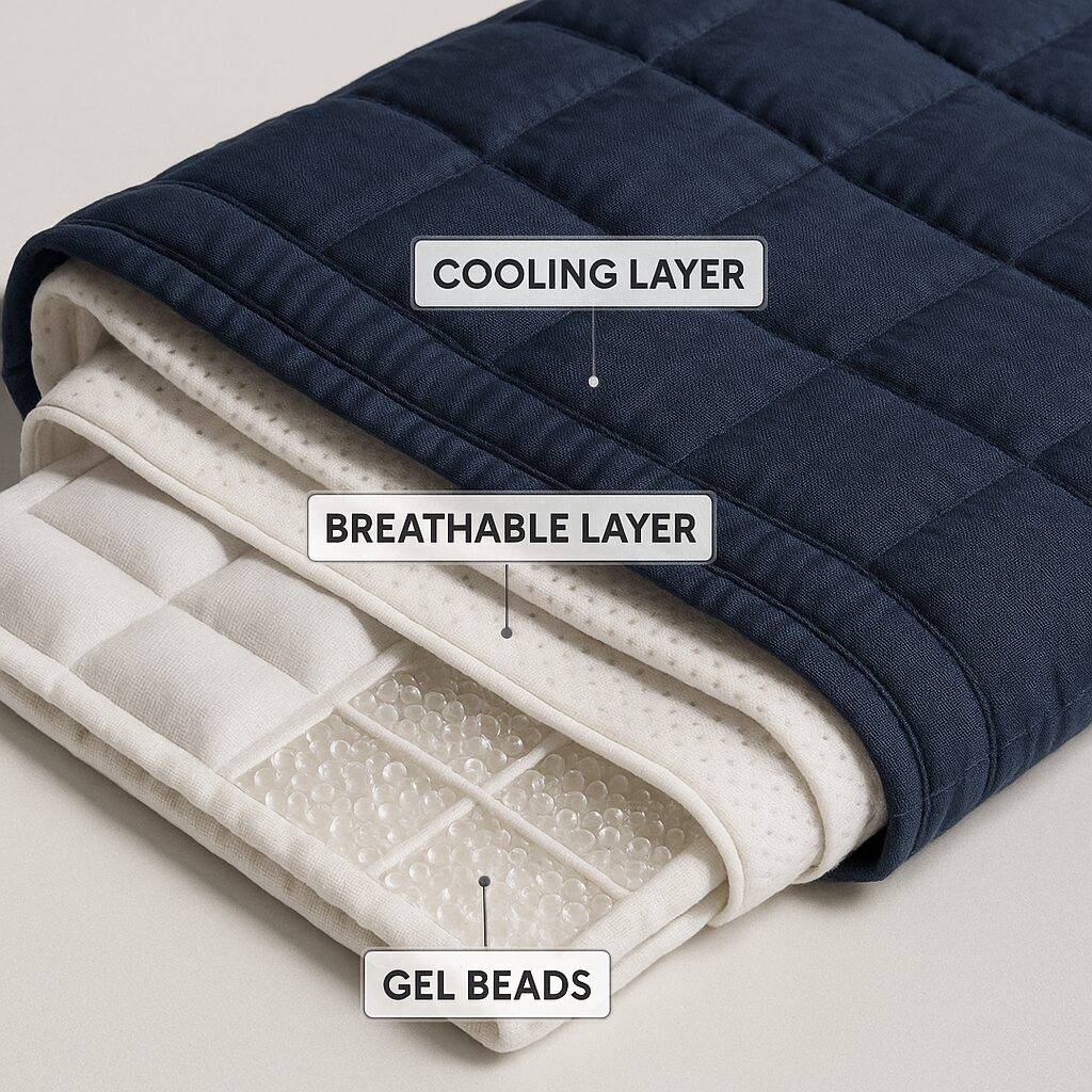 Cross-section view of a cooling weighted blanket showing its quilted cooling layer, breathable fabric layer, and internal gel beads for temperature regulation.
